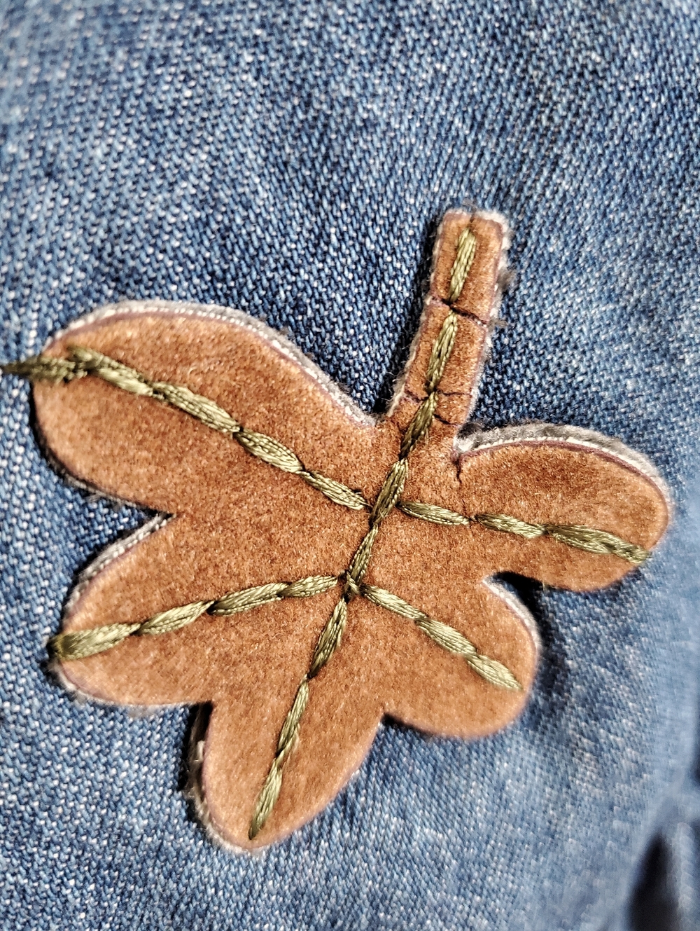 Victoria Jones Appliqué Leather Autumn Leaves Jean Vest Hood Vintage - Picture 12 of 15